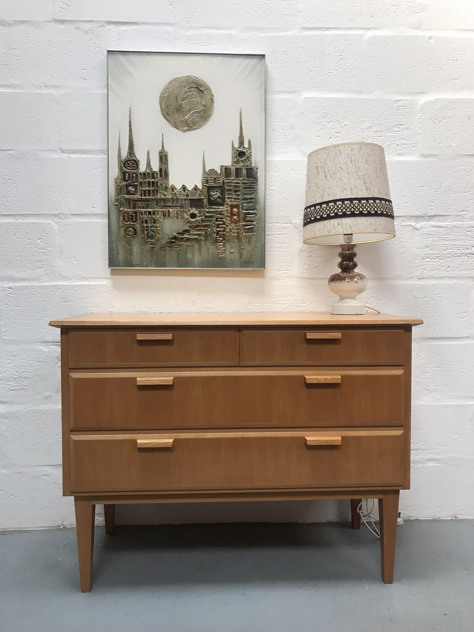 Mid Century Style Light Oak Chest of Drawers and Matching Bedside