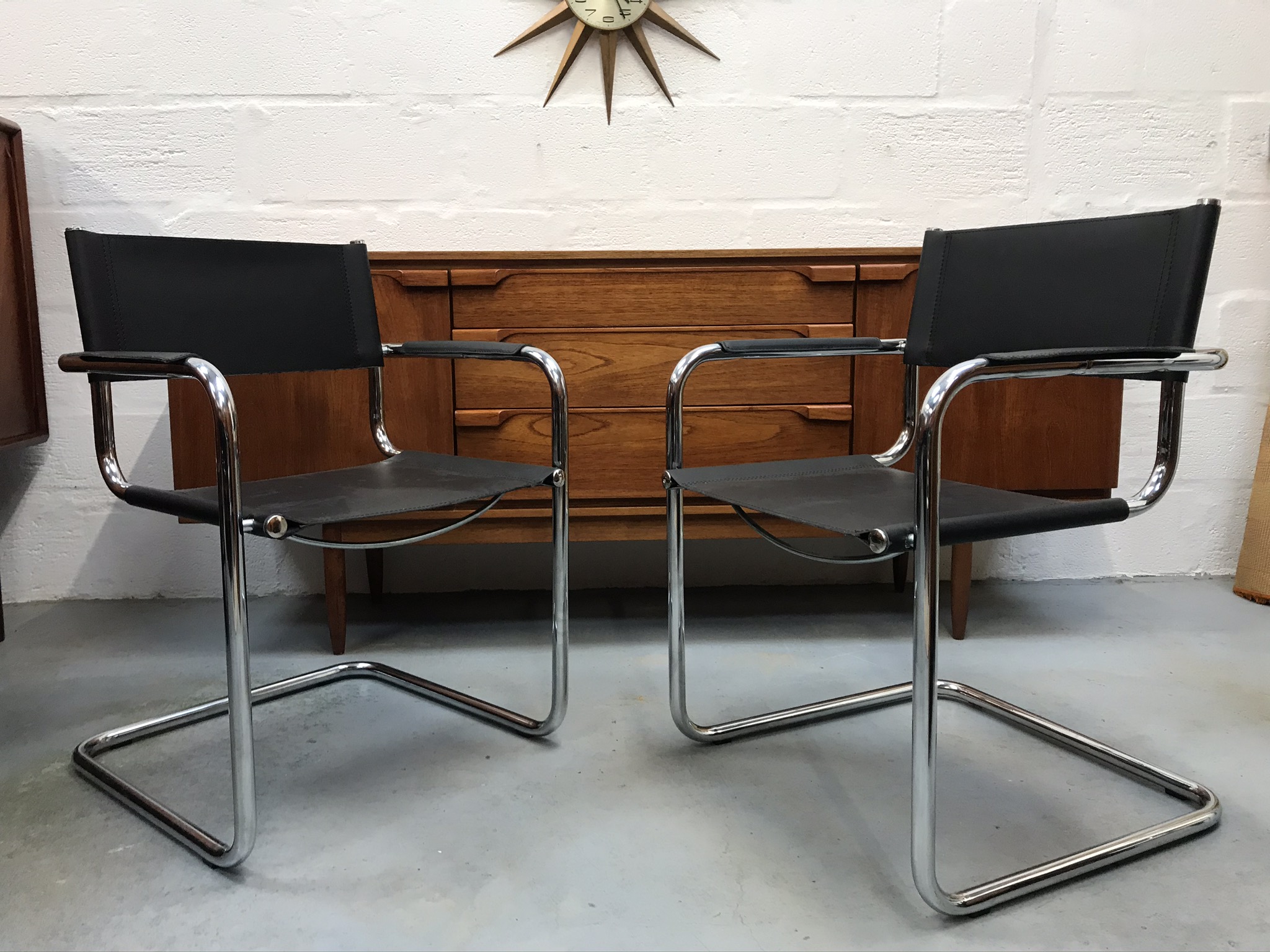 2 x Retro Style Italian Black Faux Leather & Chrome Chairs Bauhaus