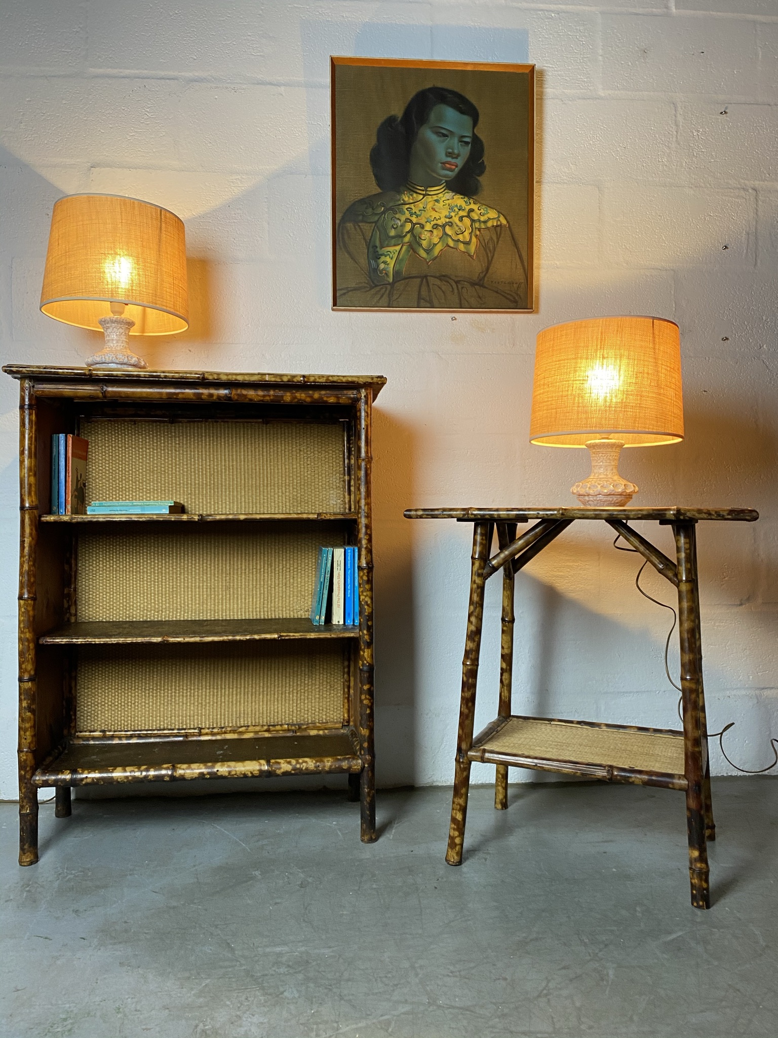 Victorian ‘Tortoiseshell’ Bamboo Open Bookcase & Side Table Pavement