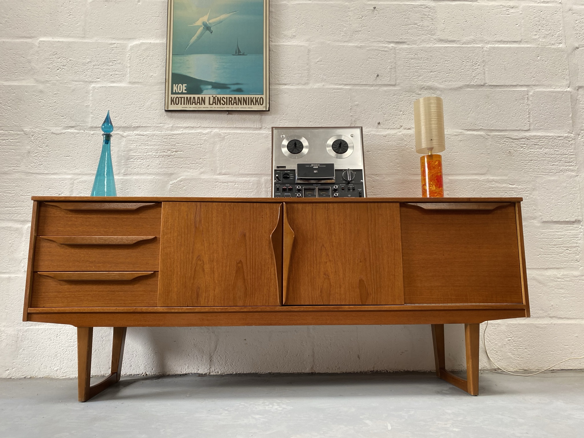 Mid Century 1960s Vintage Teak Sideboard with Sleigh Legs By Stonehill