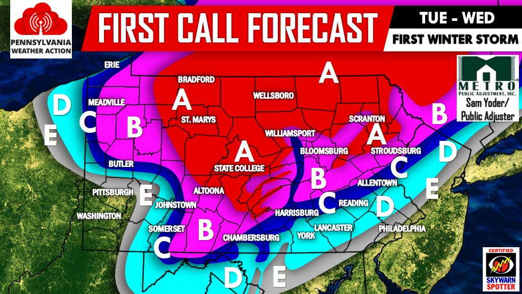 First Call Forecast For TuesdayWednesday Winter Storm PA Weather Action