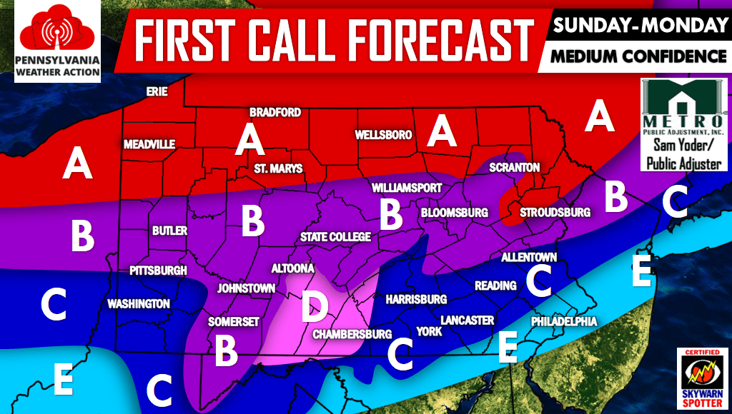 First Call Forecast for Winter Storm Expected Sunday into Monday PA