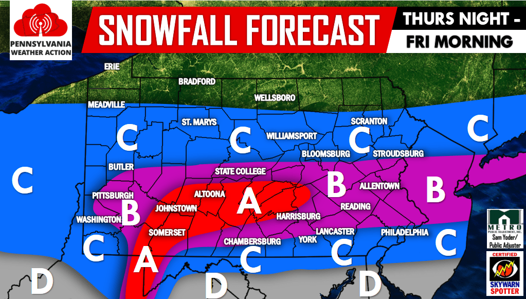 First Call Snow Forecast Thursday Night into Friday Morning PA