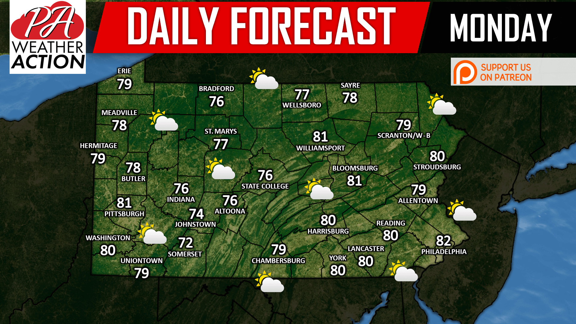 Daily Forecast for Monday, August 20th, 2018 PA Weather Action