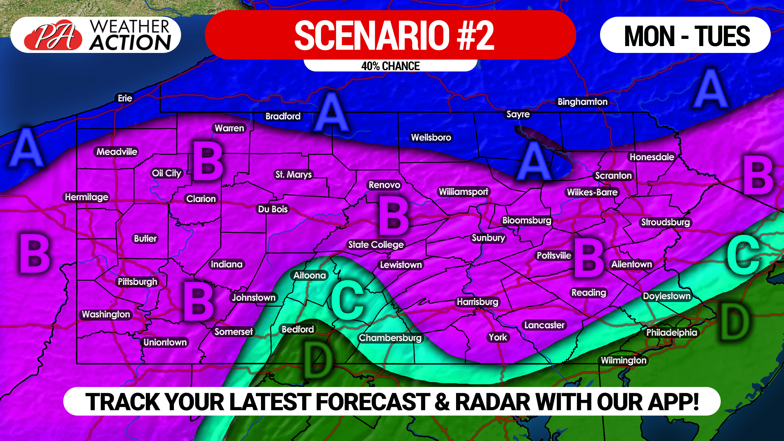 Two Scenarios for Messy Winter Storm Likely Monday into Tuesday PA