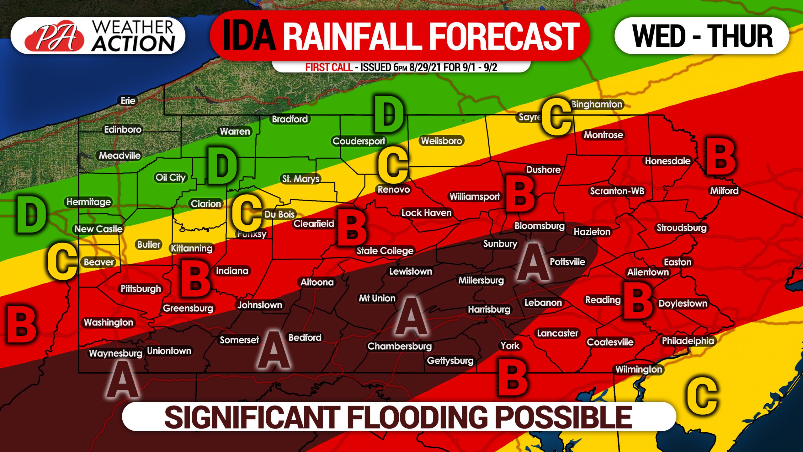 RAINFALL FORECAST Hurricane Ida to Bring Flooding Rainfall to Areas of Pennsylvania Wednesday