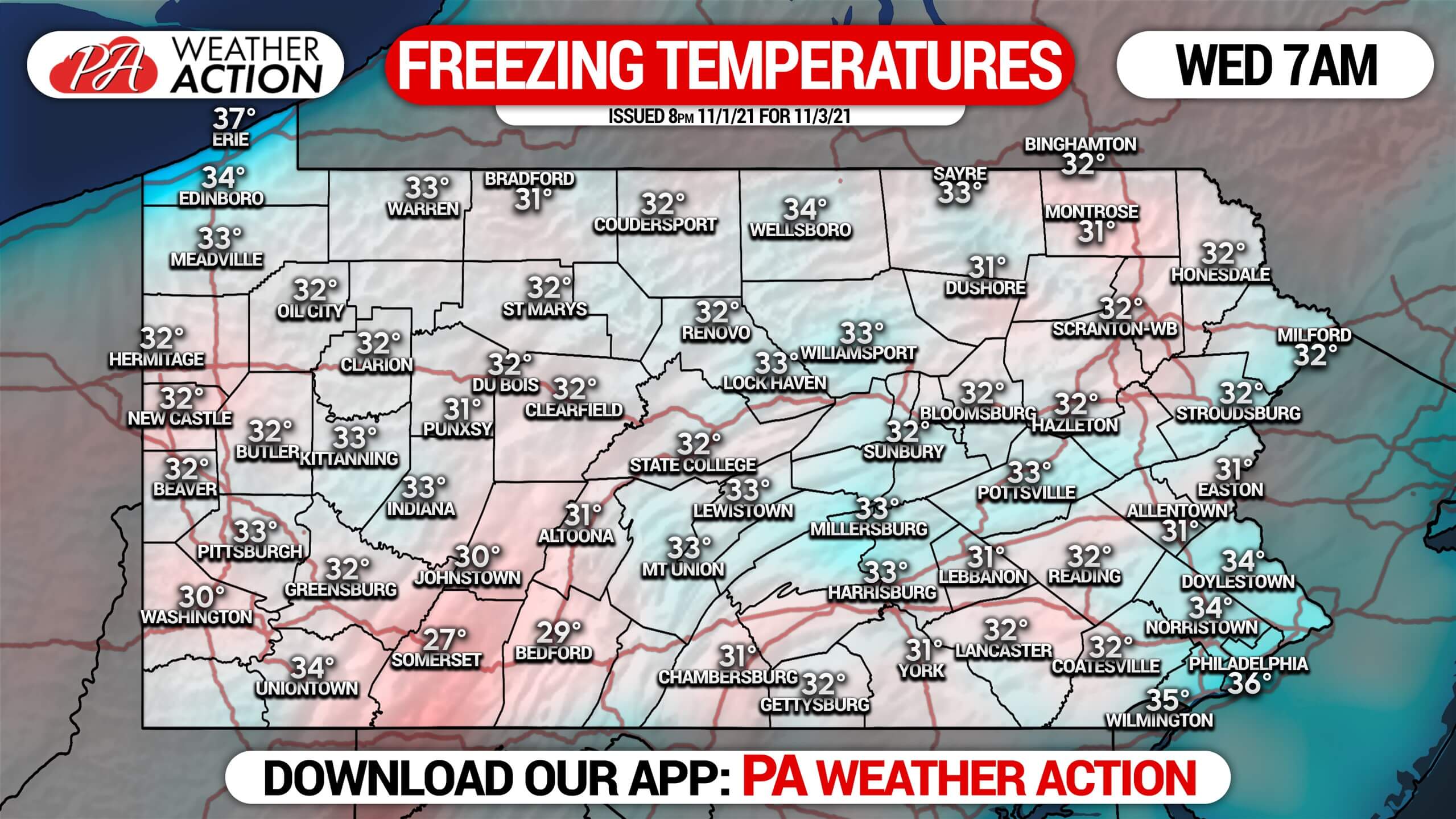 First Freeze of Season Wednesday Morning; First LakeEffect Snow
