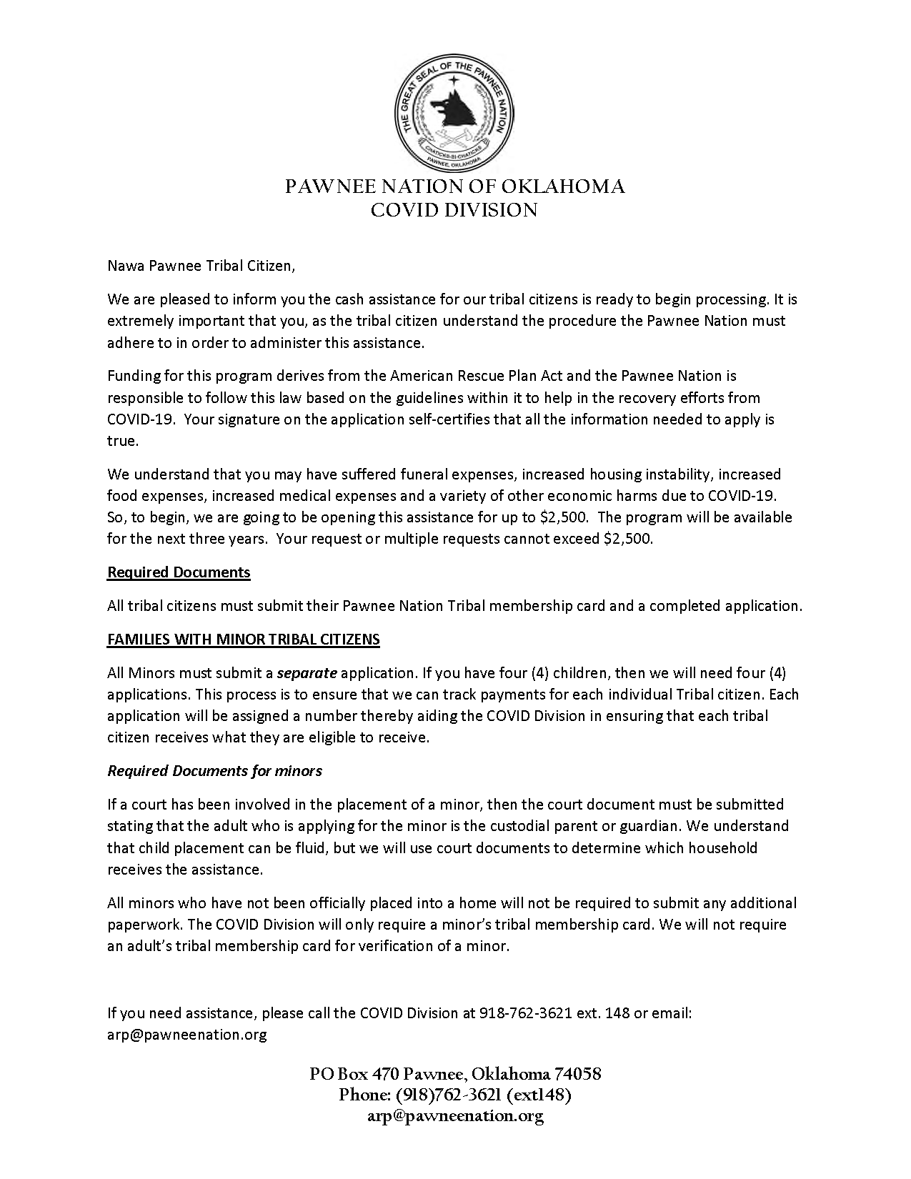 Pawnee Nation of Oklahoma Covid Division Pawnee Nation