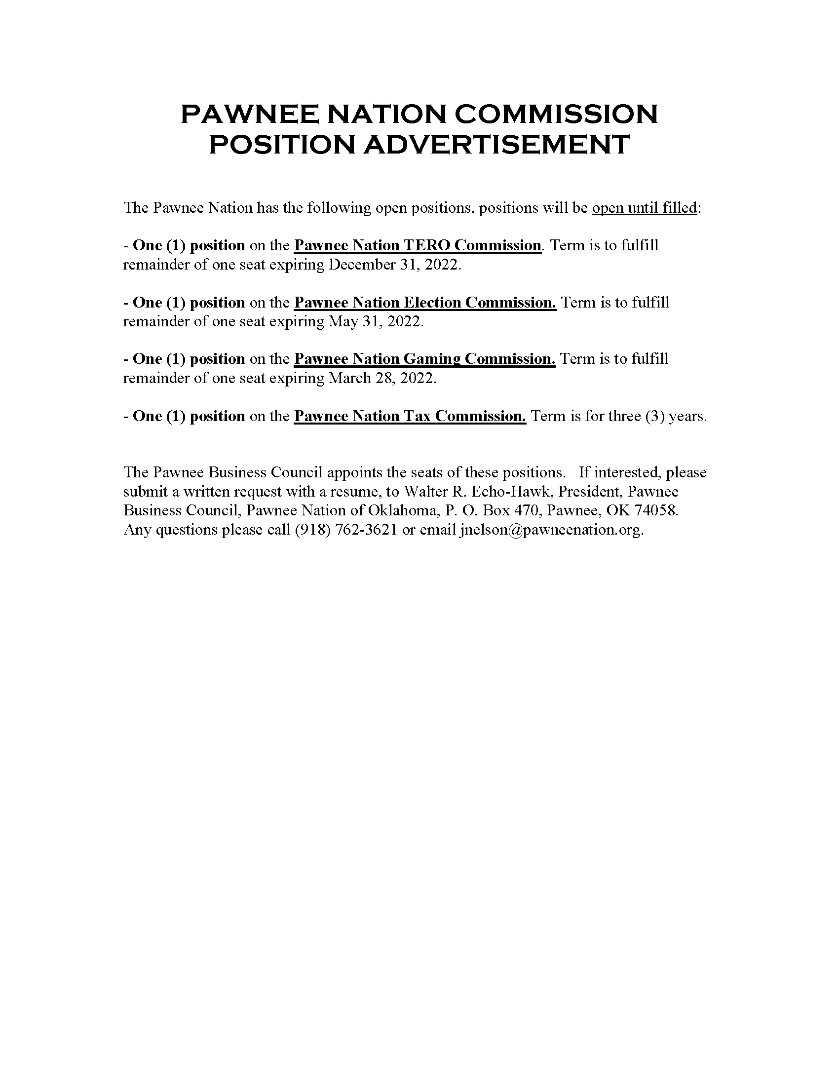 Pawnee Nation Commission Position Advertisement Pawnee Nation