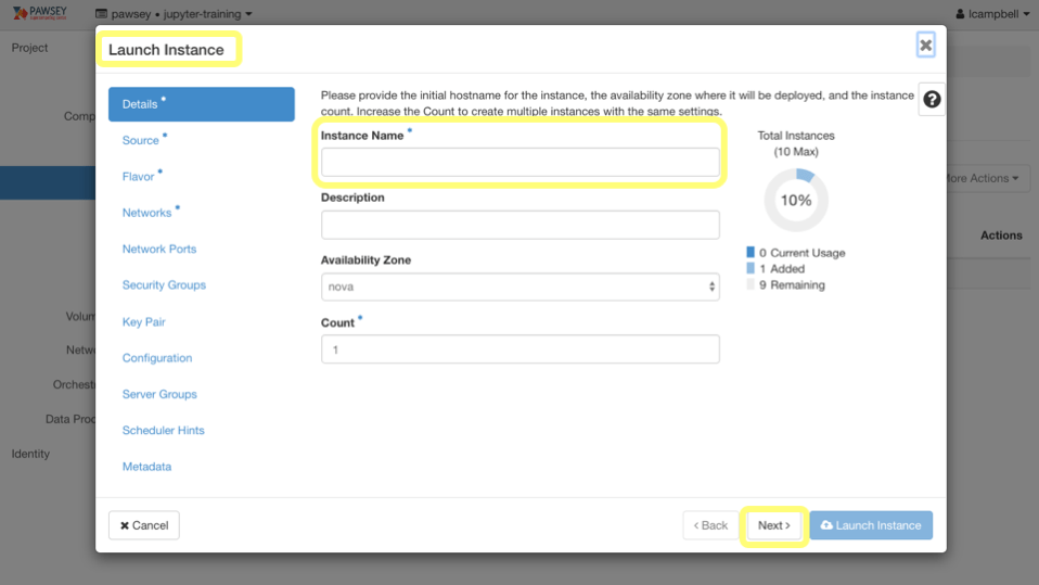Using Nimbus Cloud computing at Pawsey Instance Creation