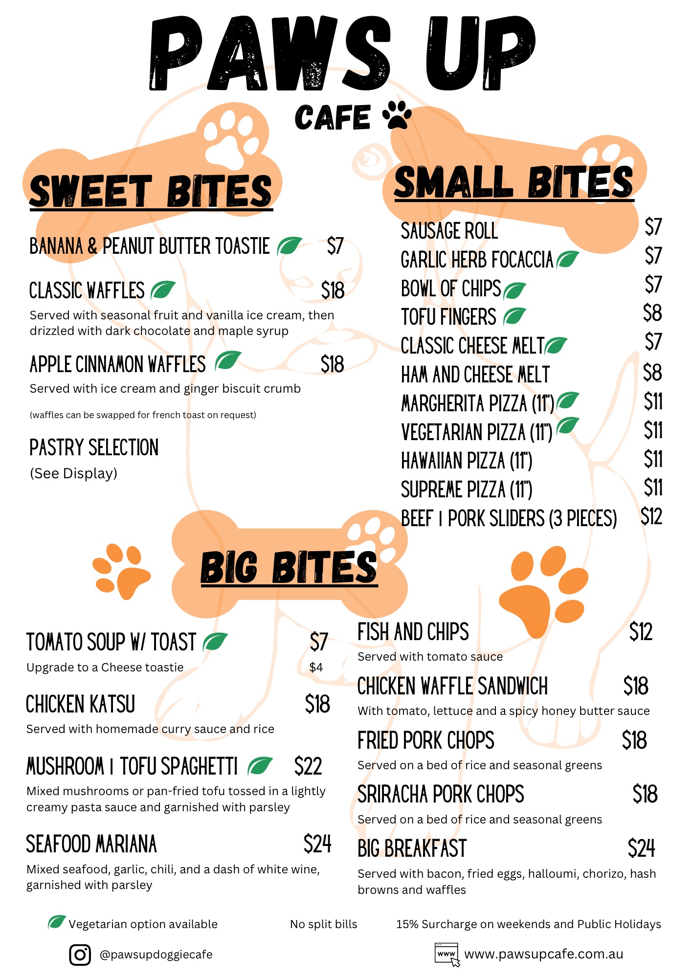 Menu Dog friendly cafe