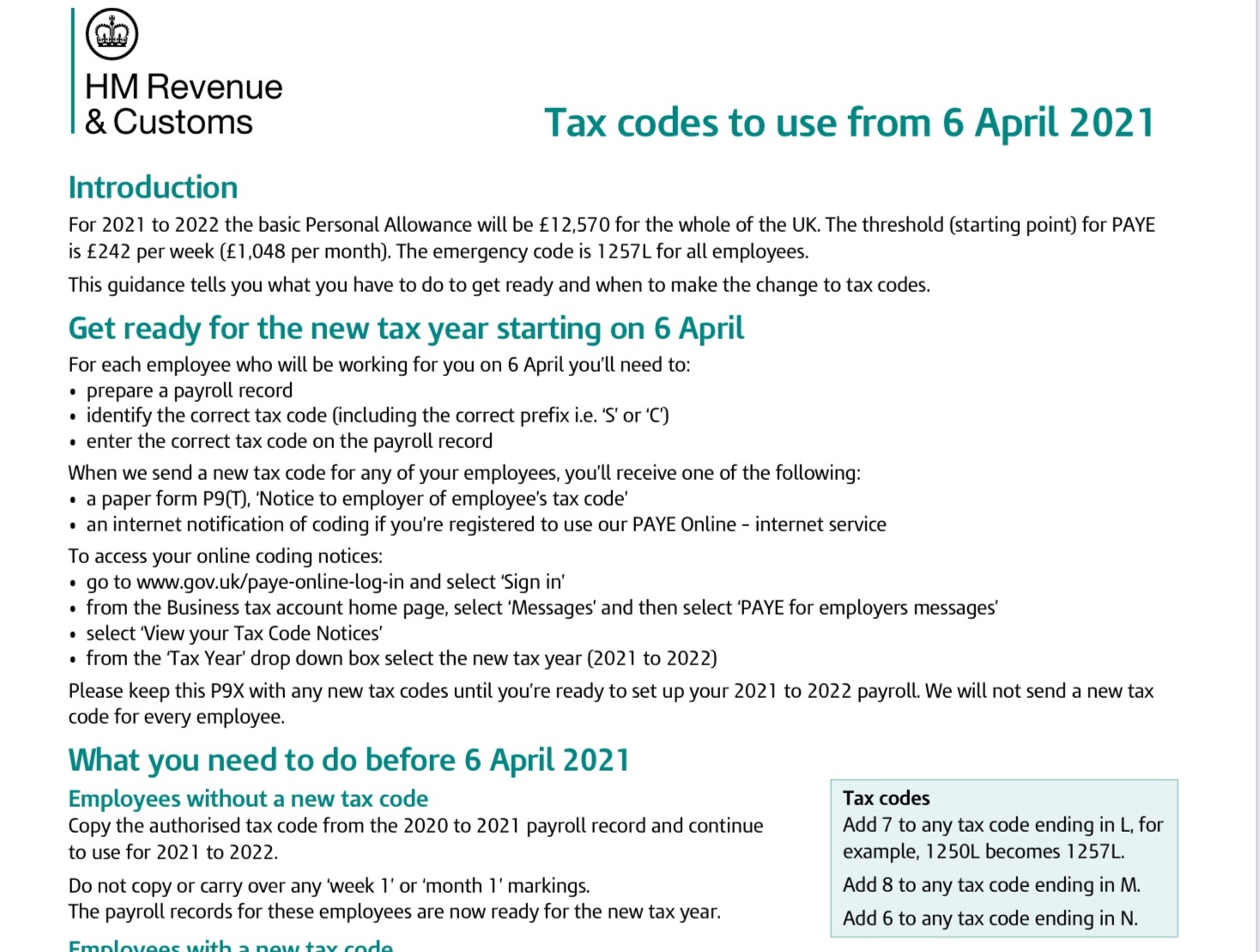 P9X Tax Codes to use from 6th April 2021 PAYadvice.UK