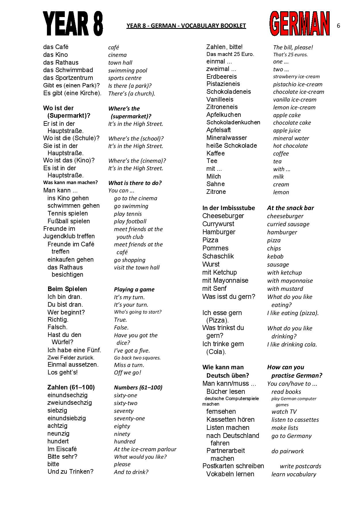 Mr T French on Twitter "YEAR 8 GERMAN VOCABULARY BOOKLET part 2 http