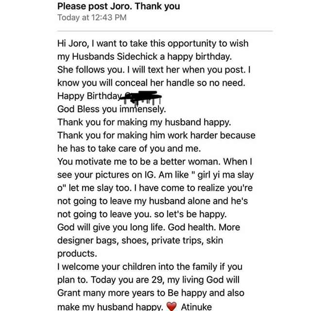 Wife wishes husband’s mistress happy birthday https//t.co/3aaSSpBCo7