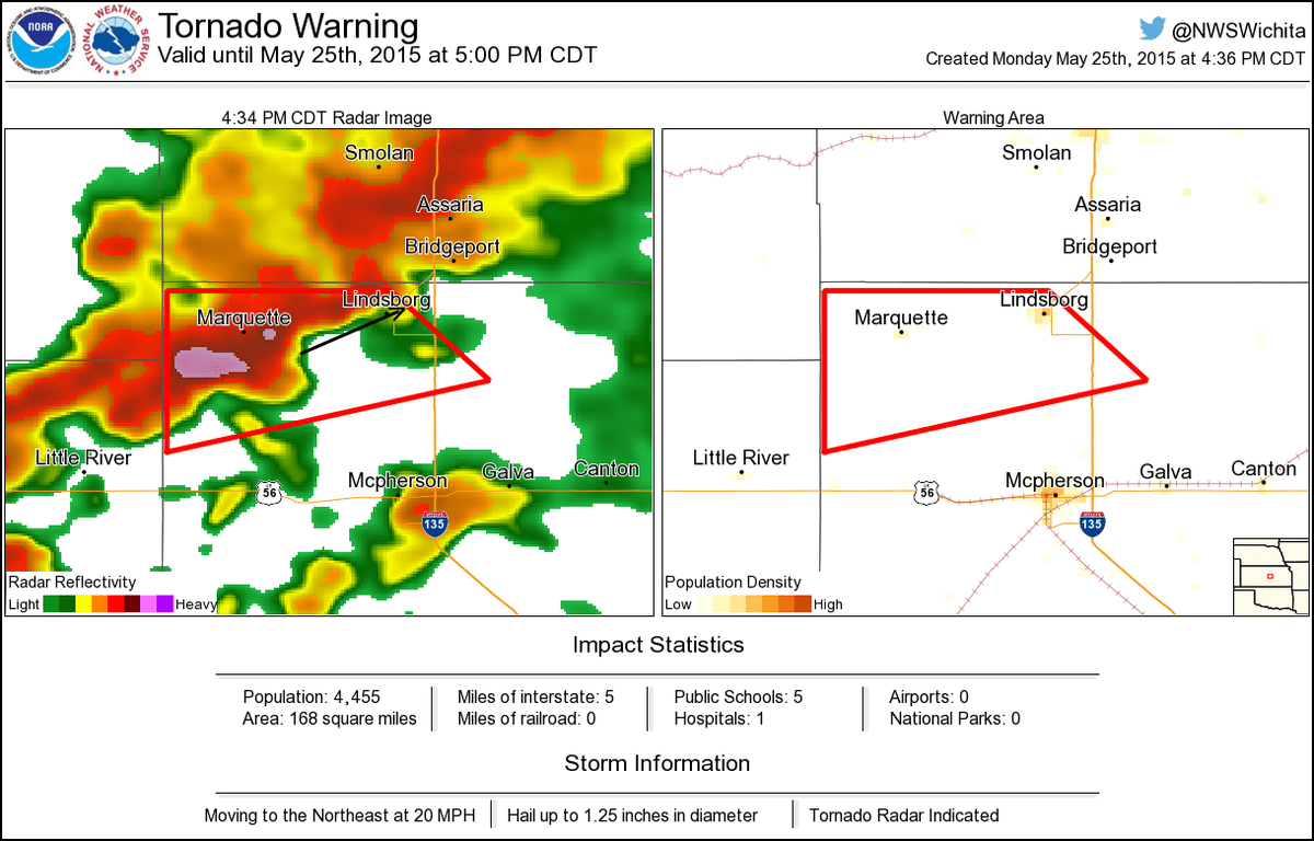 Tornado Warning including KS, Marquette KS until 500 PM CDT