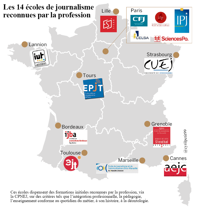  Voici la carte des 14 écoles de journalisme reconnues par la profe...
