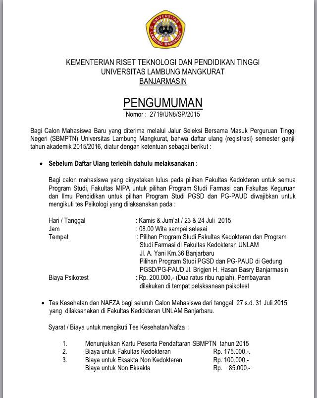Official Bem Fk Ulm Ar Twitter: "Surat Pemberitahuan Kepada Calon Mahasiswa Yg Lulus Seleksi Ujian Tulis Sbmptn #Mabafkunlam15 Http://T.co/Zkmdk7Xoo0" / Twitter