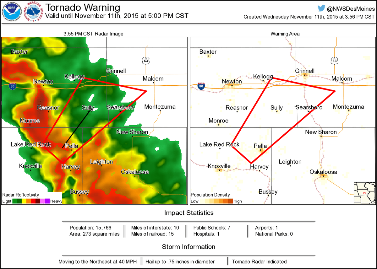 Tornado Warning including Pella IA, Sully IA, Lynnville IA until 500