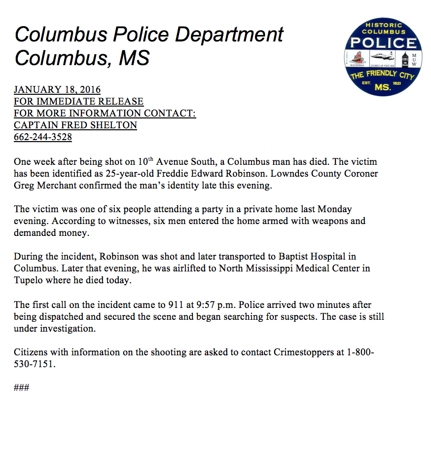 Columbus MS PD on Twitter "Victim of last week's shooting in Columbus
