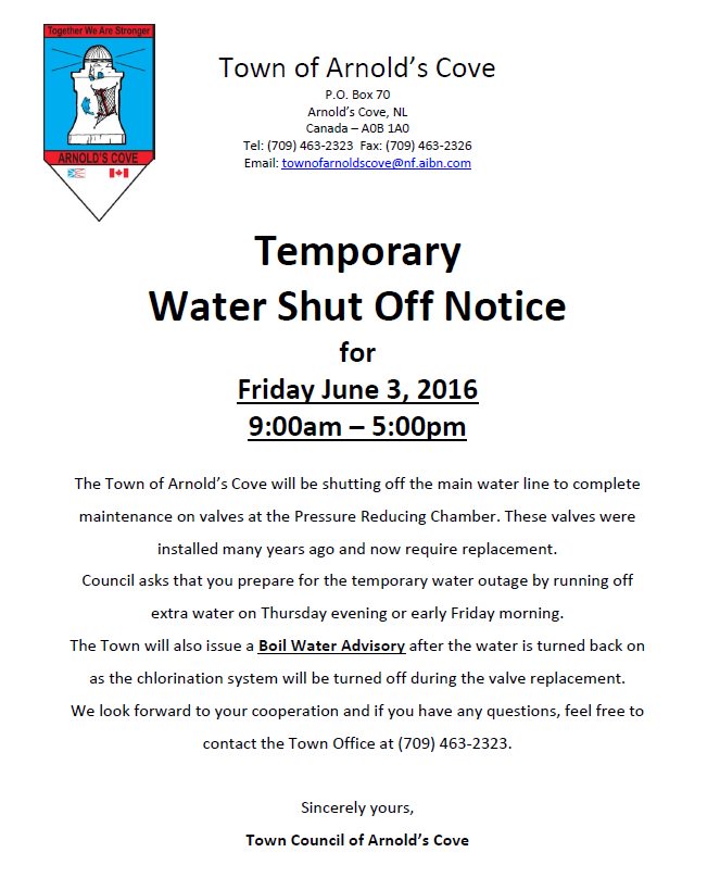 Arnold's Cove on Twitter "Temporary Water Shut Off Notice for Friday