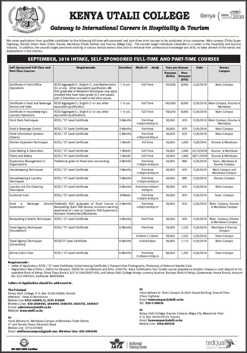 Kenya Utalii College Courses and Fee Structure 2020