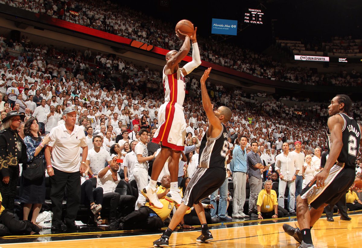 "rebound bosh... back out to allen... his 3pointer... bang