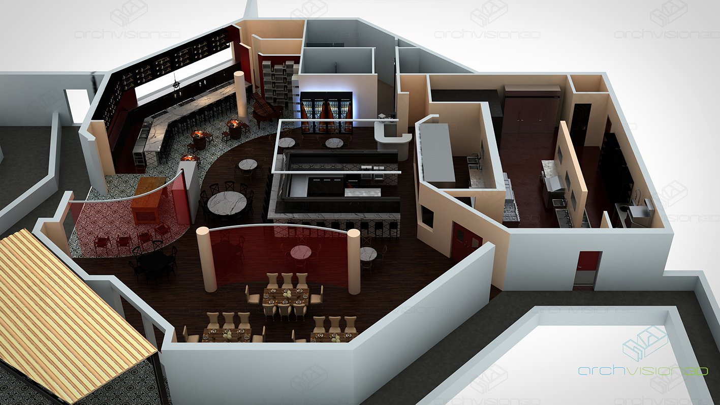 ARCHVISION 3D on Twitter "3D floorplan of a restaurant interior 
