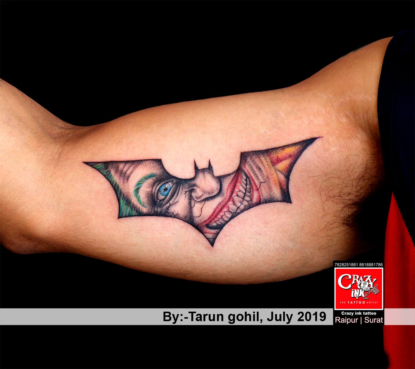 Crazy Ink Tattoo & Body Piercing Sur Twitter : "Batman In Side Joker Tattoo. #Batmantattoo #Jokertattoo #Innerbicepstattoo #Mostpopulartattoo #Tattoodesign #Besttattoodesign #Tattooidea #Tattooartist #Raipurtattooartist #Surattattooartist ... 1203_x_1356_jpg