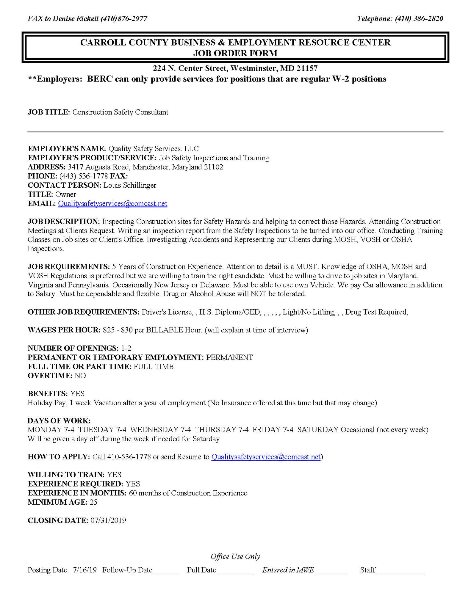 BERC on Twitter "Hiring, Quality Safety Services, Manchester MD, seeking applicants for