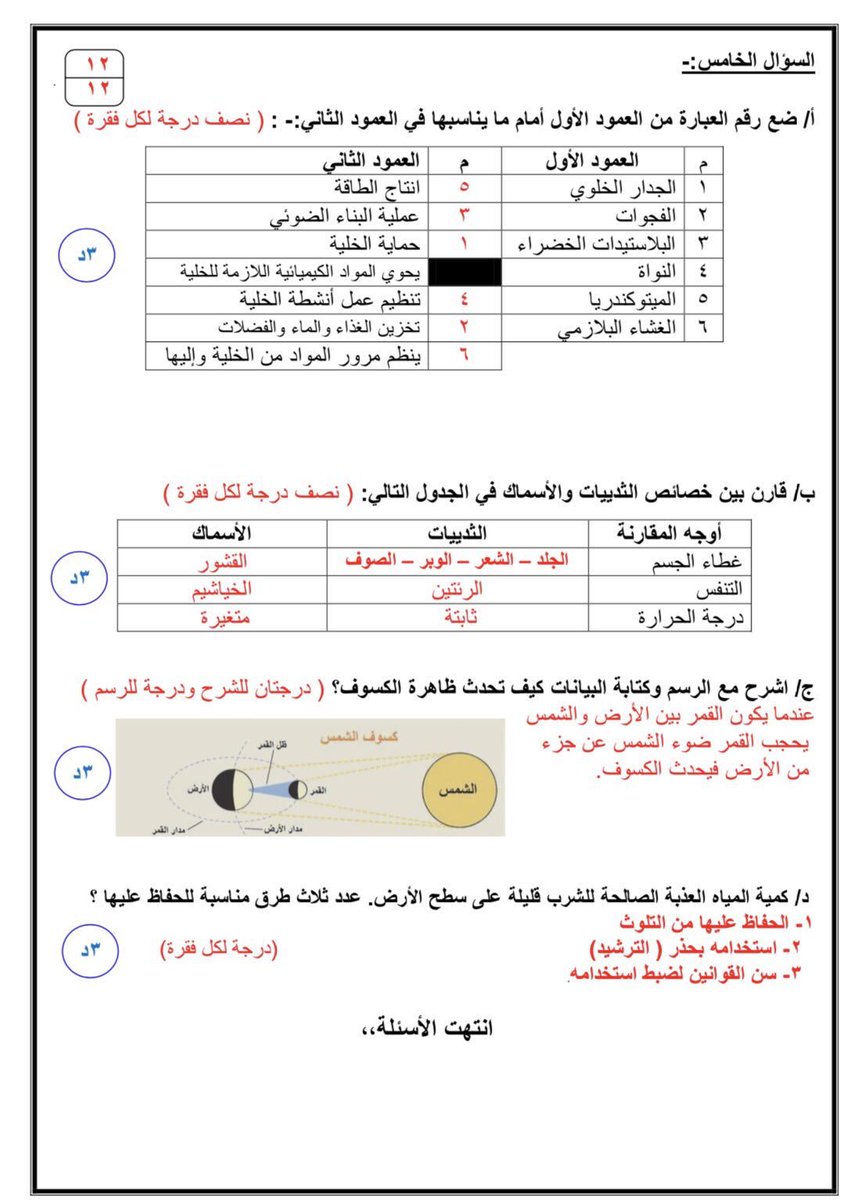 نماذج اختبارات اول متوسط الفصل الاول علوم