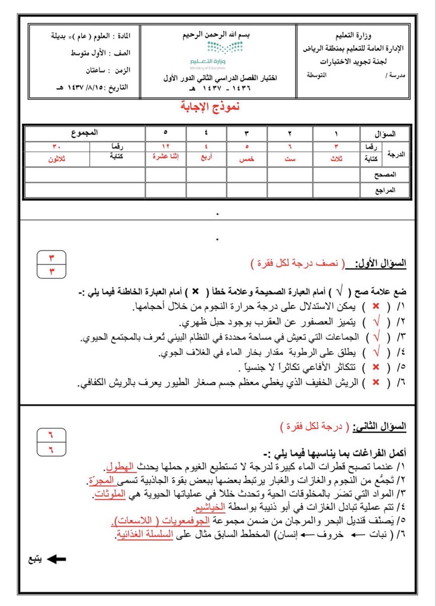 اختبار علوم اول متوسط الفصل الاول