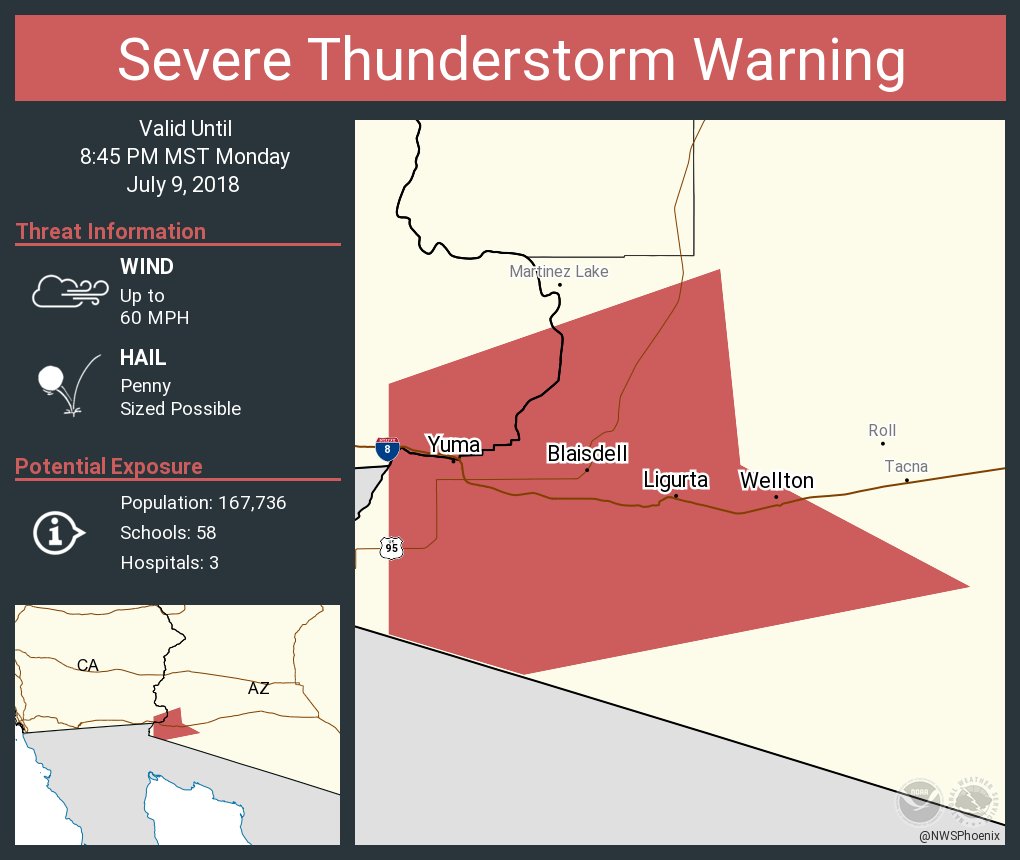 Severe Thunderstorm Warning continues for Yuma AZ, Somerton AZ, Wellton