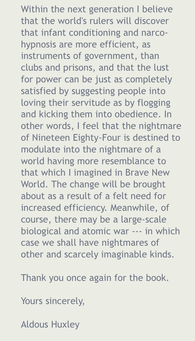 Jamie Bartlett on Twitter "Huxley’s letter to Orwell, comparing their