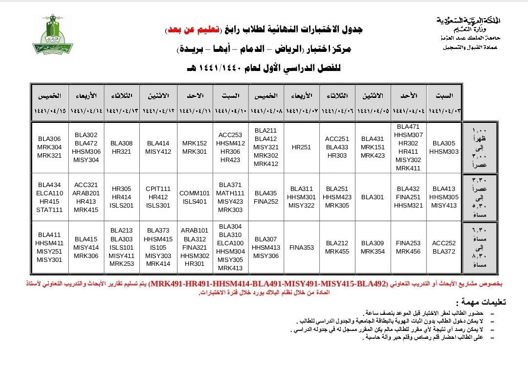 جدول اختبارات جامعة الملك عبدالعزيز انتساب