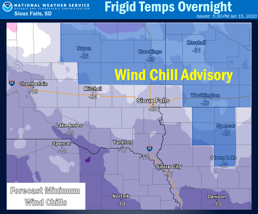 A wind chill advisory has been issued for parts of east central South