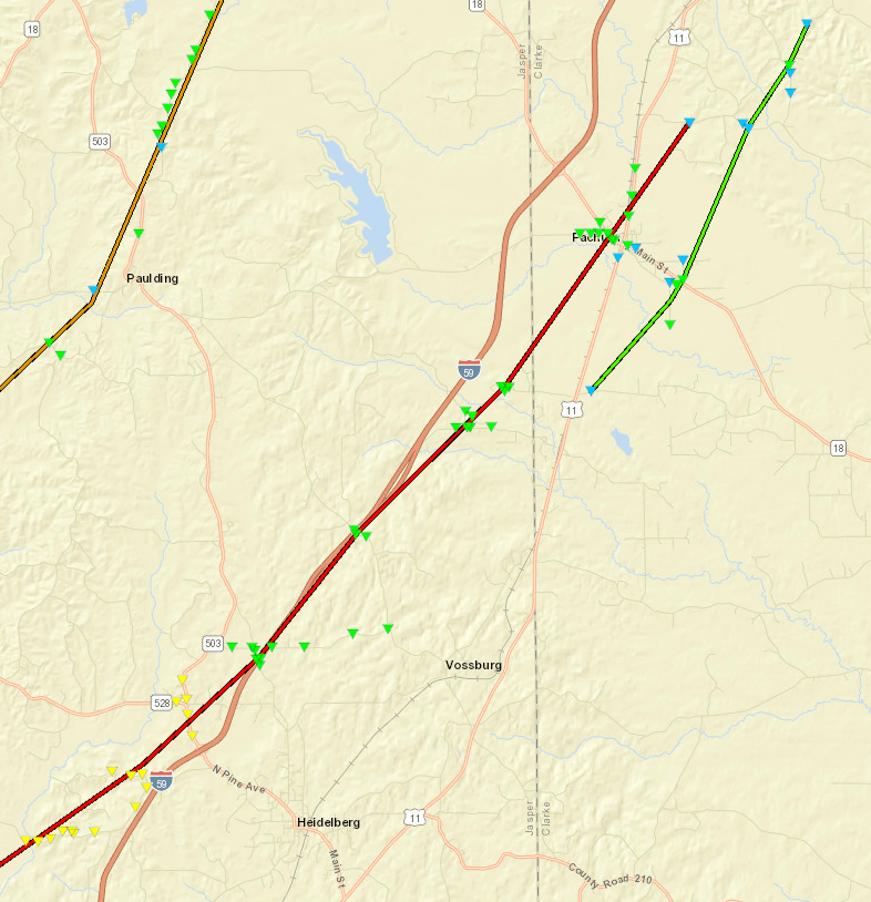 Damage path and damage points from the Bassfield/Covington County/Soso