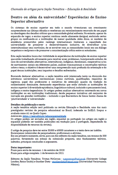 Tristan Mccowan V Twitter Chamada De Artigos Educreal Para Secao Tematica Sobre Educacao Superior Alternativa Convidamos Para Submeter Trabalhos Sobre Universidades Cooperativas Indigenas Ambientais Ou Contra Hegemonicas Educacaosuperior