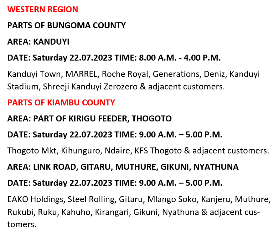 Kenya Power on Twitter "Hello. The following areas will be affected by