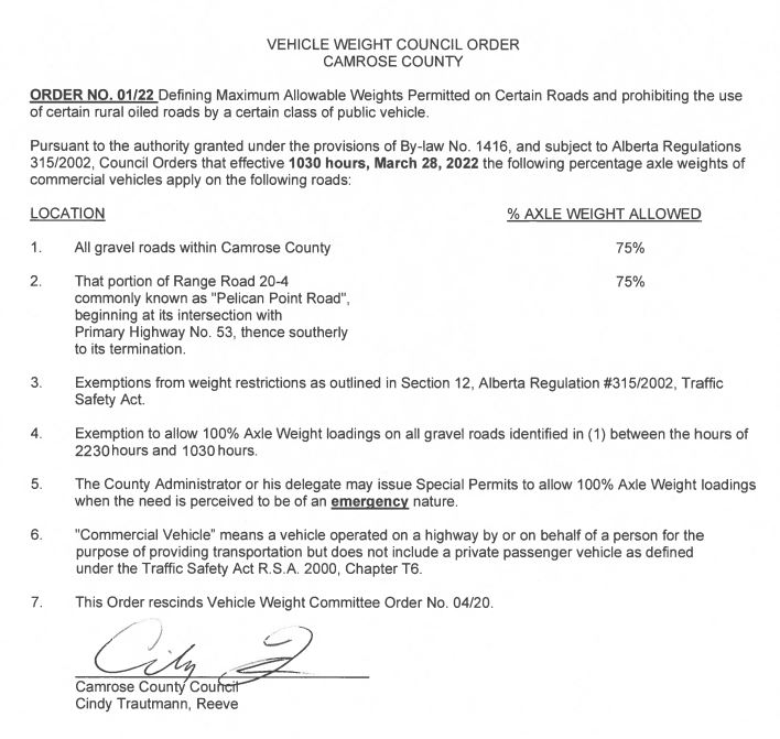 Camrose County on Twitter "A 75 Road Ban will be in effect beginning