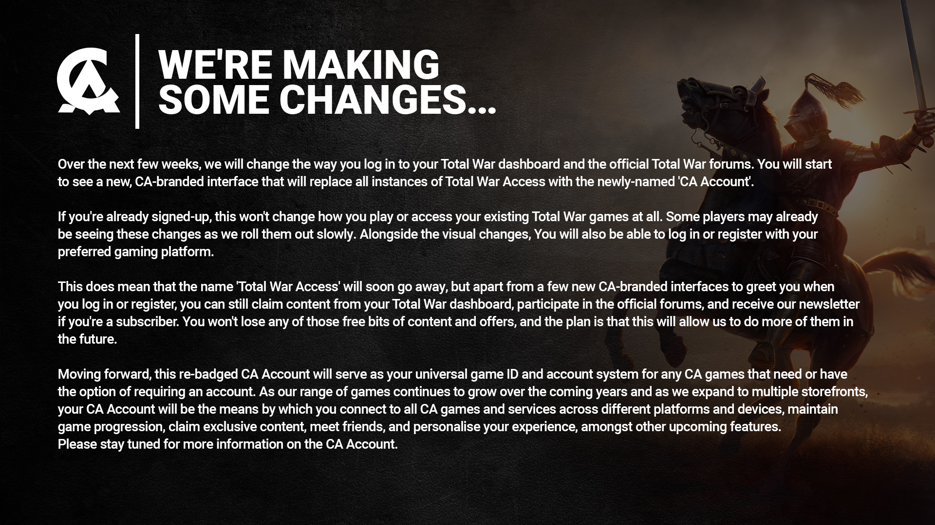 Total War on Twitter "Total War Access is upgrading to your CA Account