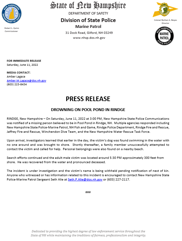 New Hampshire State Police on Twitter "DROWNING ON POOL POND IN RINDGE