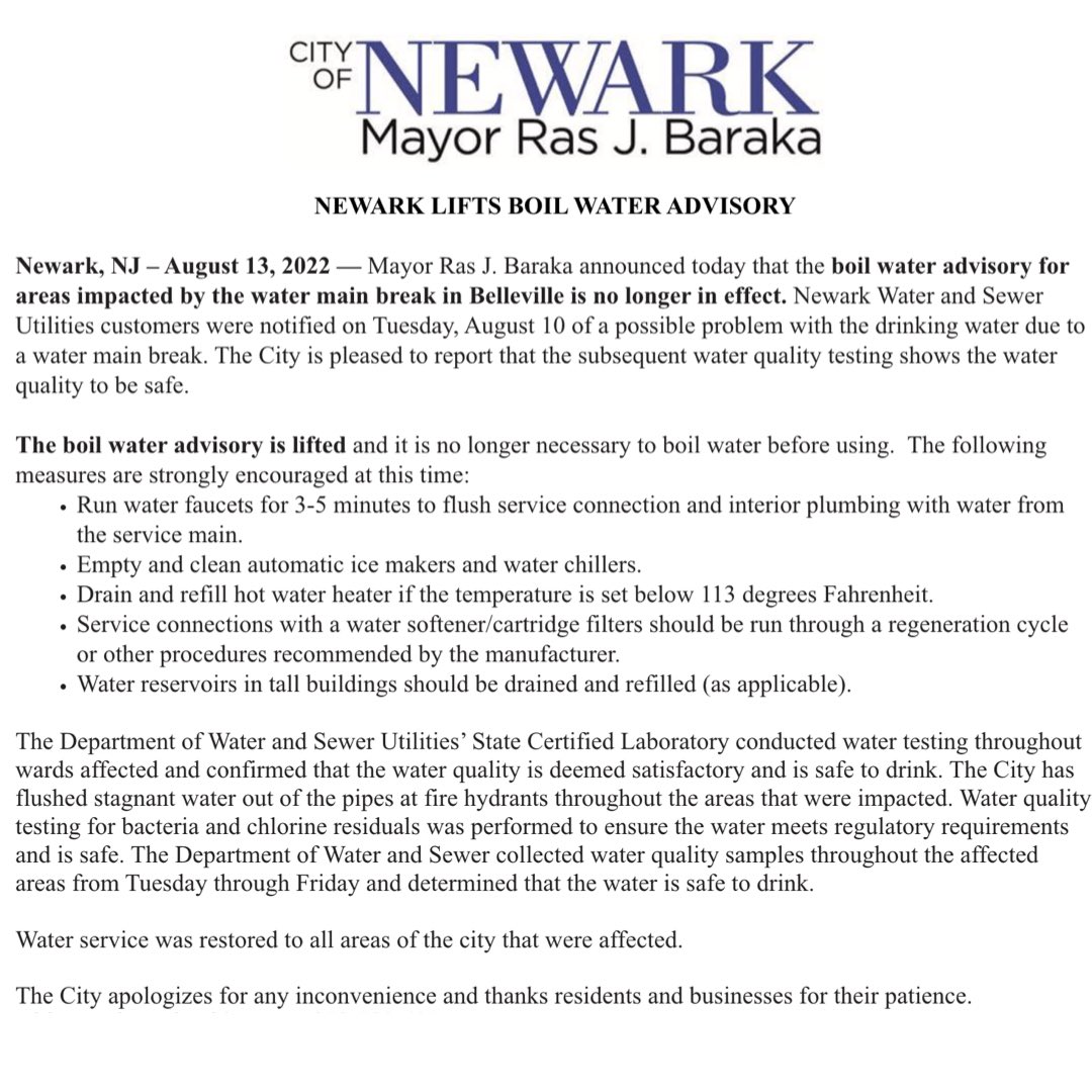 City of Newark on Twitter "NEWARK LIFTS BOIL WATER Mayor Ras J. Baraka