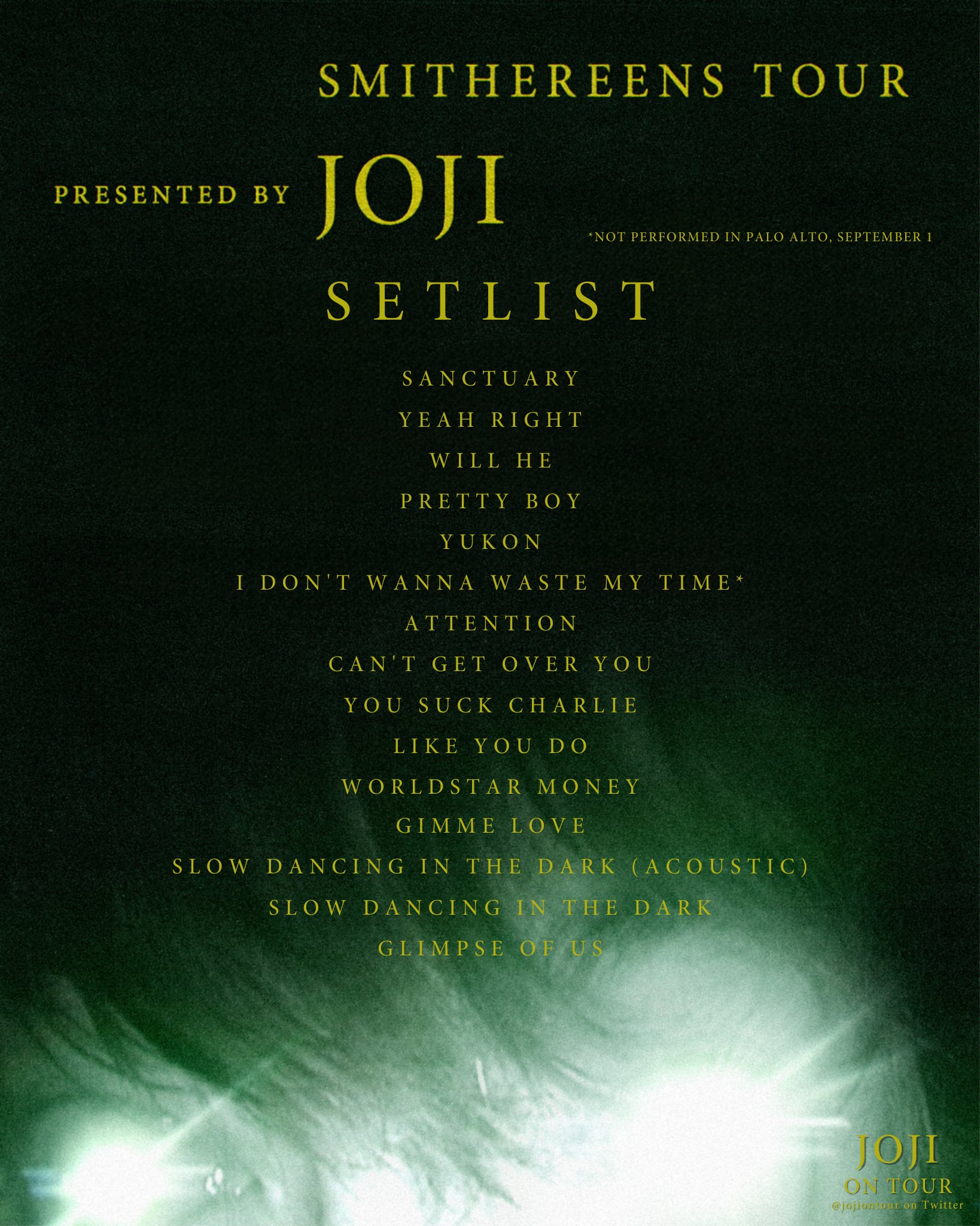 Joji on Tour on Twitter "JOJI SMITHEREENS TOUR SETLIST SEPTEMBER 2022