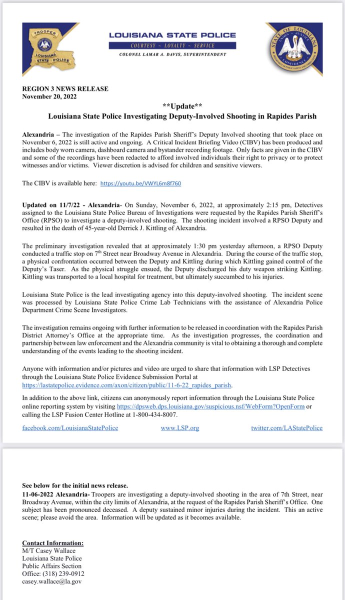 LA State Police on Twitter "**Update** Louisiana State Police Investigating DeputyInvolved