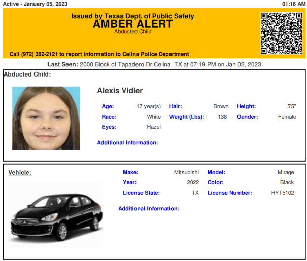 Texas Alerts on Twitter "ACTIVE AMBER ALERT for Alexis Marie Vidler from Celina, TX, on 01/05