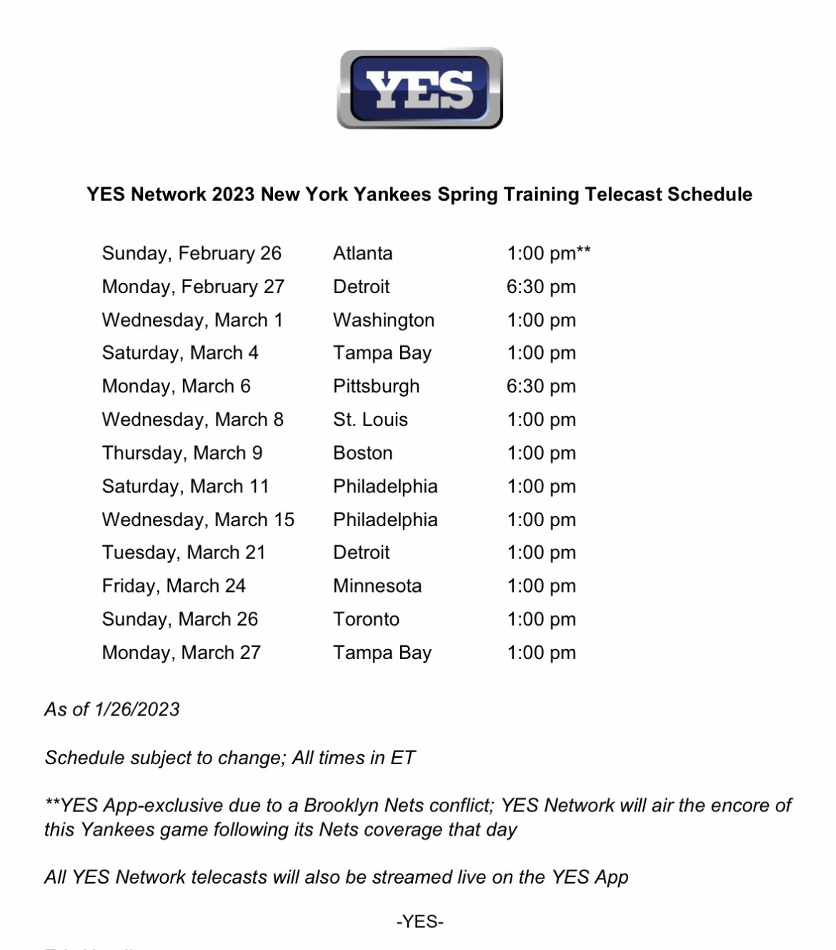Bryan Hoch ⚾️ on X "The has announced its spring Yankees broadcast schedule https//t.co/2LHwOSmQYx" / X Bryan Hoch ⚾️ on X "The has announced its spring Yankees broadcast schedule https//t.co/2LHwOSmQYx" / X