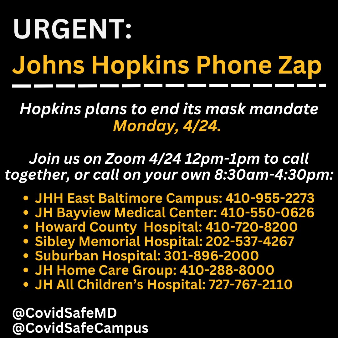 COVID Safe Maryland on Twitter "RT CAPH1312 🚨URGENT 🚨 Call JHU and tell them to keep masking