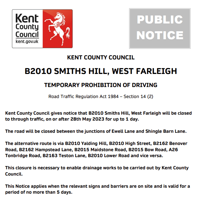 KCC Highways on Twitter "West Farleigh, B2010 Smiths Hill. Road