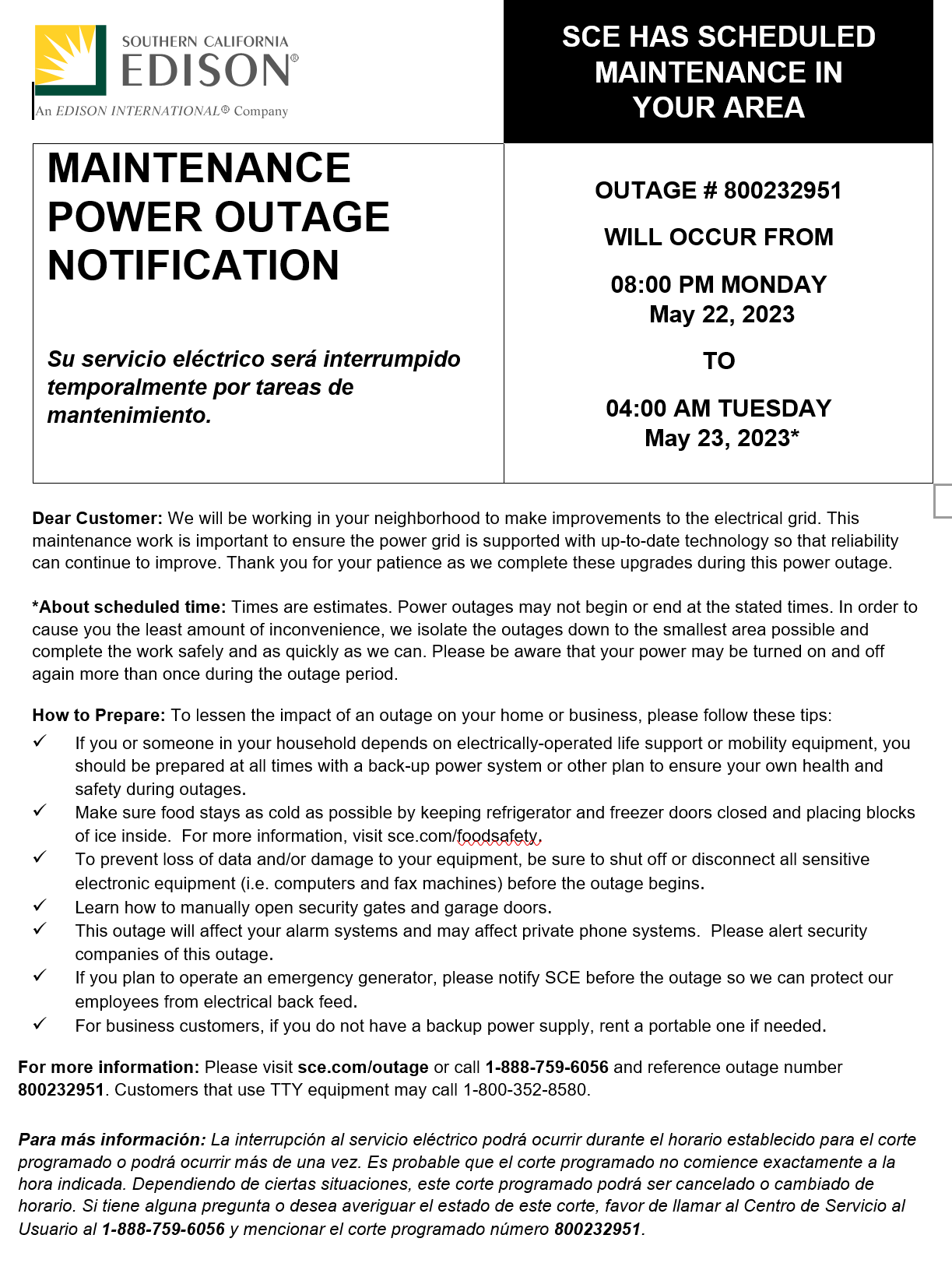City of Lynwood on Twitter "SCE Planned Power Outage and Road Closure