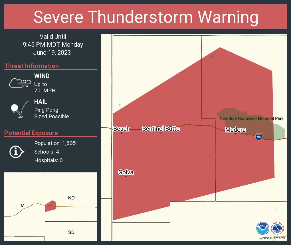 NWS Bismarck on Twitter "Severe Thunderstorm Warning including Beach